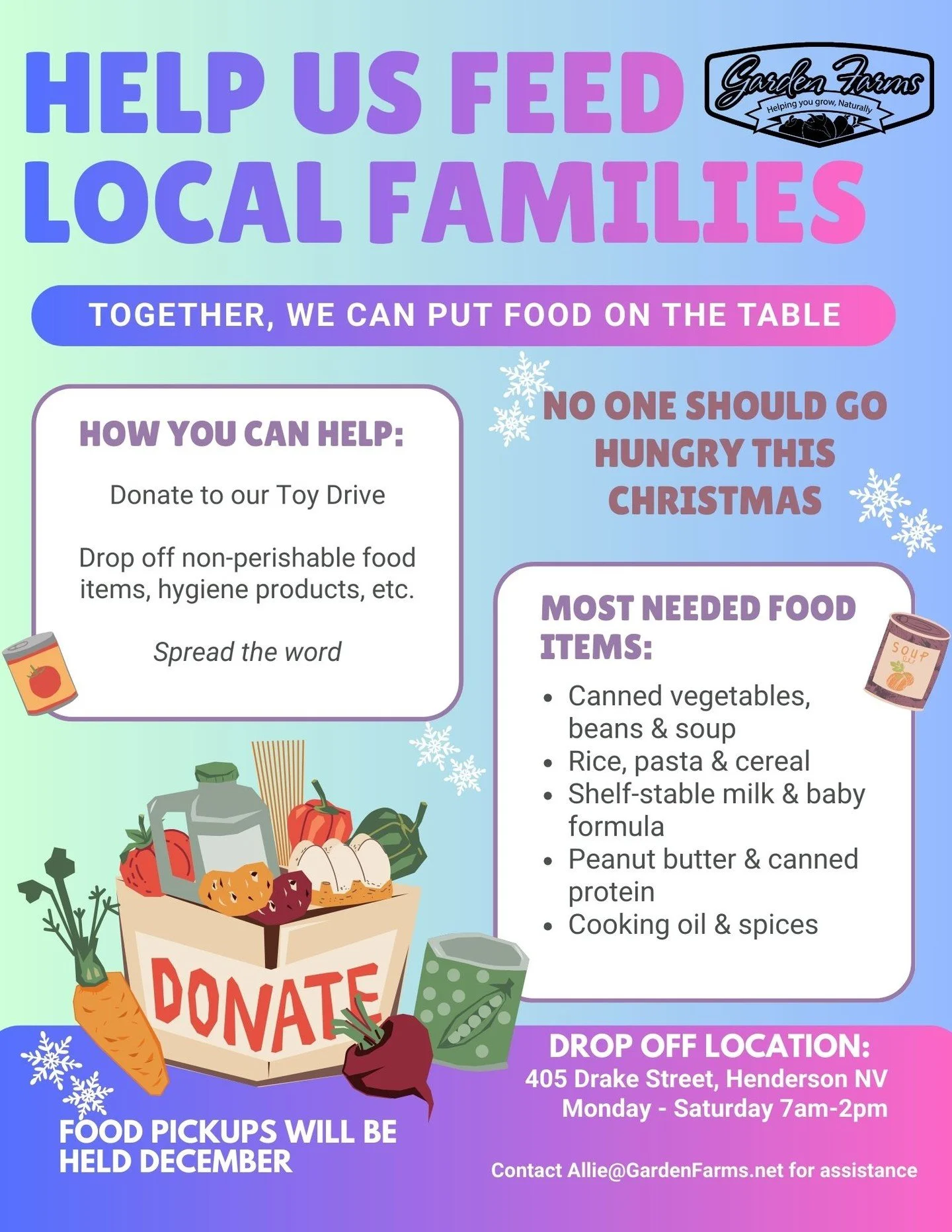 🎁 Holiday Food &amp; Toy Drive &mdash; Help Us Feed Local Families! 🎄

We&rsquo;re collecting donations all December to support families in need this Holiday season. Your generosity can make a real difference. ❤️

📍 Donation Drop-Off
🗓️ Now throu