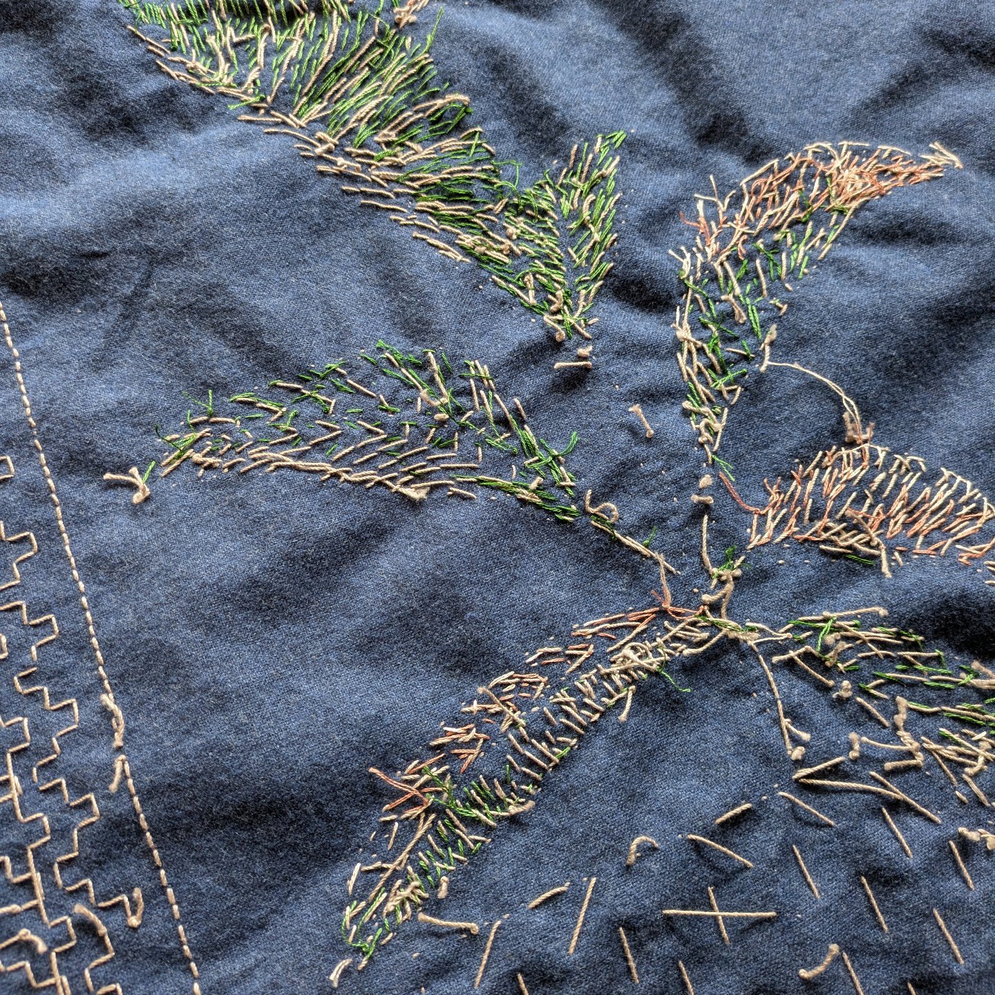 Backside in morning light. 
I have a day off work today so I'm stitching every possible stitch. I'm working through some things, trying to trust my instincts and just keep going.