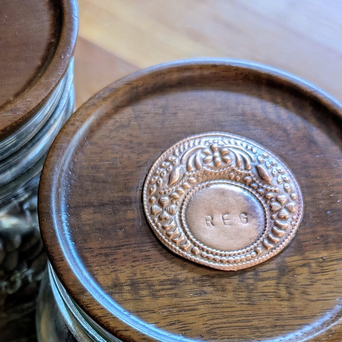 A little non-fiber project that delights me daily. I've been holding on to these two stampings from Krysta @blackmagicsilversmithshoppe and finally decided how to use them. I stamped &quot;REG&quot; and &quot;DECAF&quot; and glued them to wooden lids