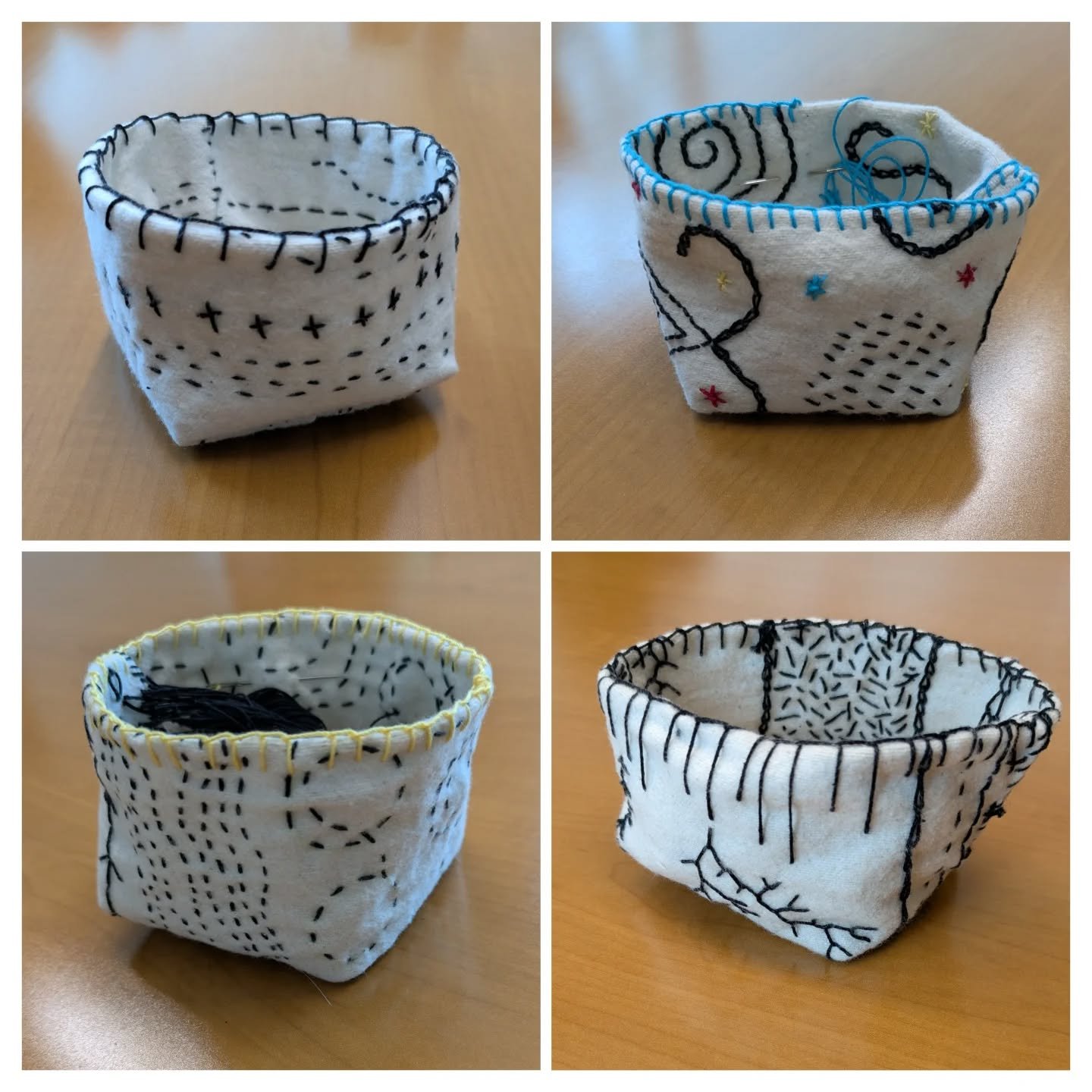 Results of the Mindful Vessel workshop.
Slide 1, part 2 finished bowls
Slide 2, part 1 stitching practice
.
Each maker brought their own individual personality and style to their works. I loved the memories, stories, and ideas they shared. And it was