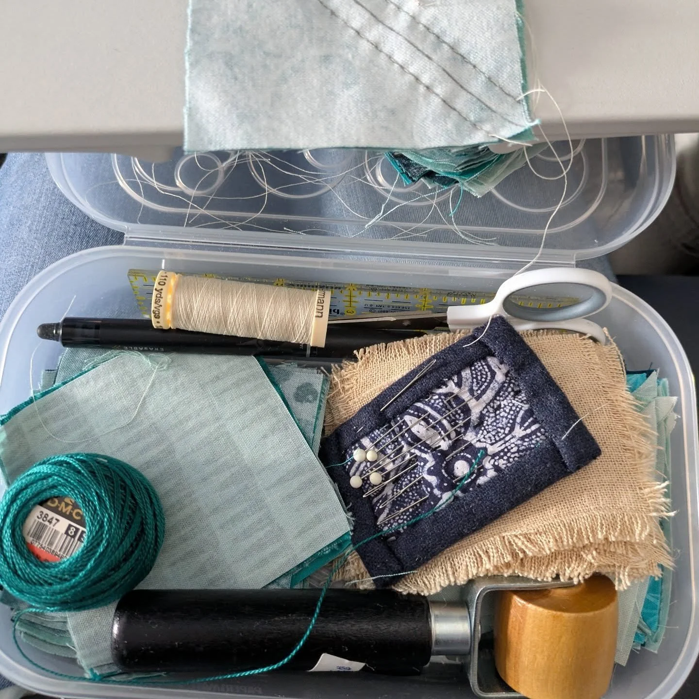 Airplane stitch sesh.
I was a little nervous to bring an actual pair of scissors through security, and was prepared with my ruler to prove they are 4&quot; but didn't even get a question.