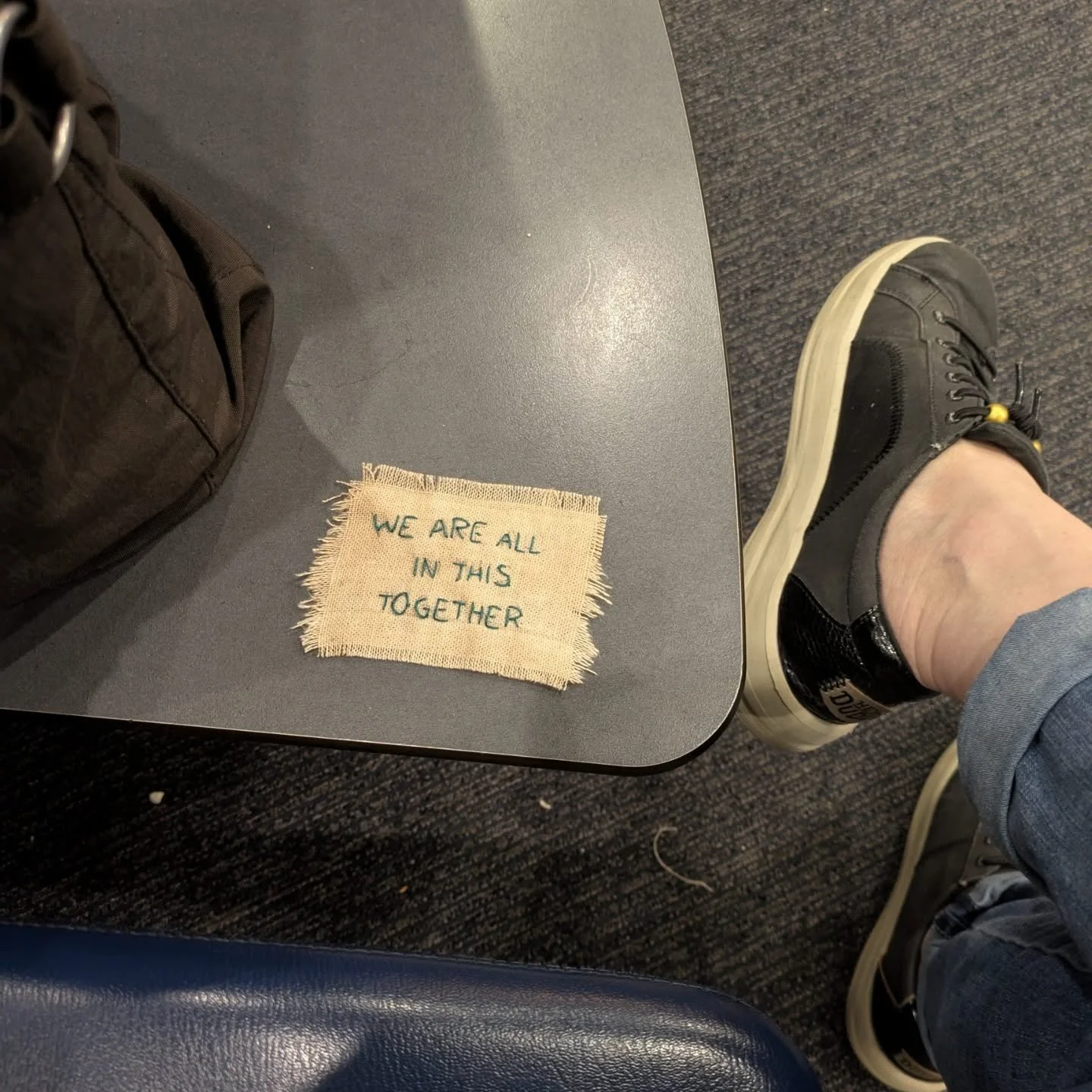So I had this idea when I was falling asleep the other night that I would make these little patches during my flights and leave them randomly during my trip. Well, I made two and felt surprisingly bashful about leaving them. Not wanting to be noticed