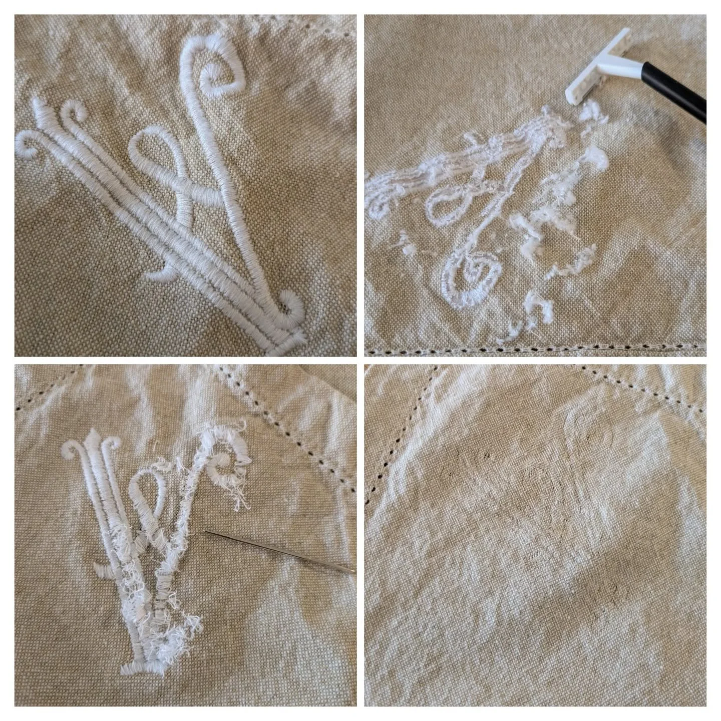 I found a set of cotton napkins (?) at Goodwill. Perfect for stitching, but I didn't want the monogram. Luckily I learned this trick from @mrgammon and I'm removing them one by one. 
.
@sewingthroughfog it works!