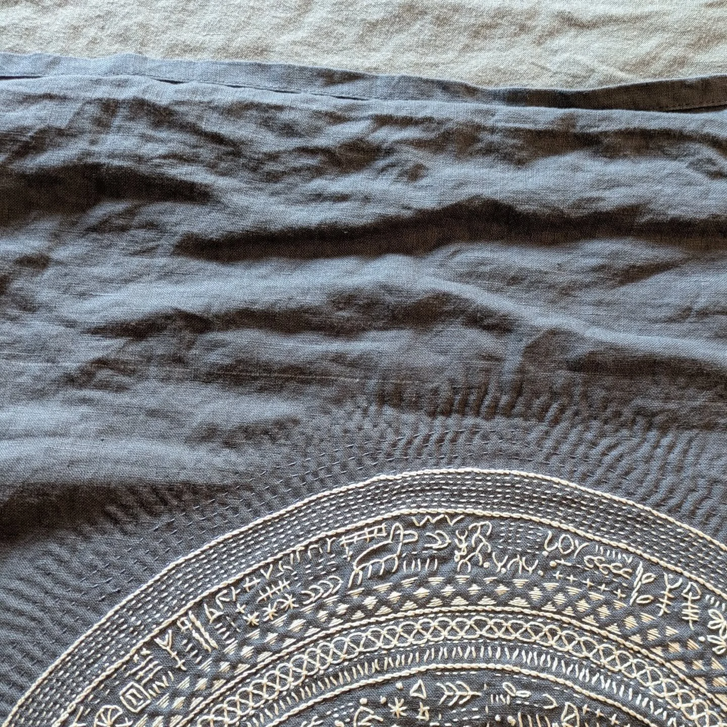 I'm feeling trepidation about my next step with this project. Until last night I was worried about the whole thing because there was a lot of bunching happening and my first attempt at steaming it flat(ter) didn't do much. But I steamed it again and 