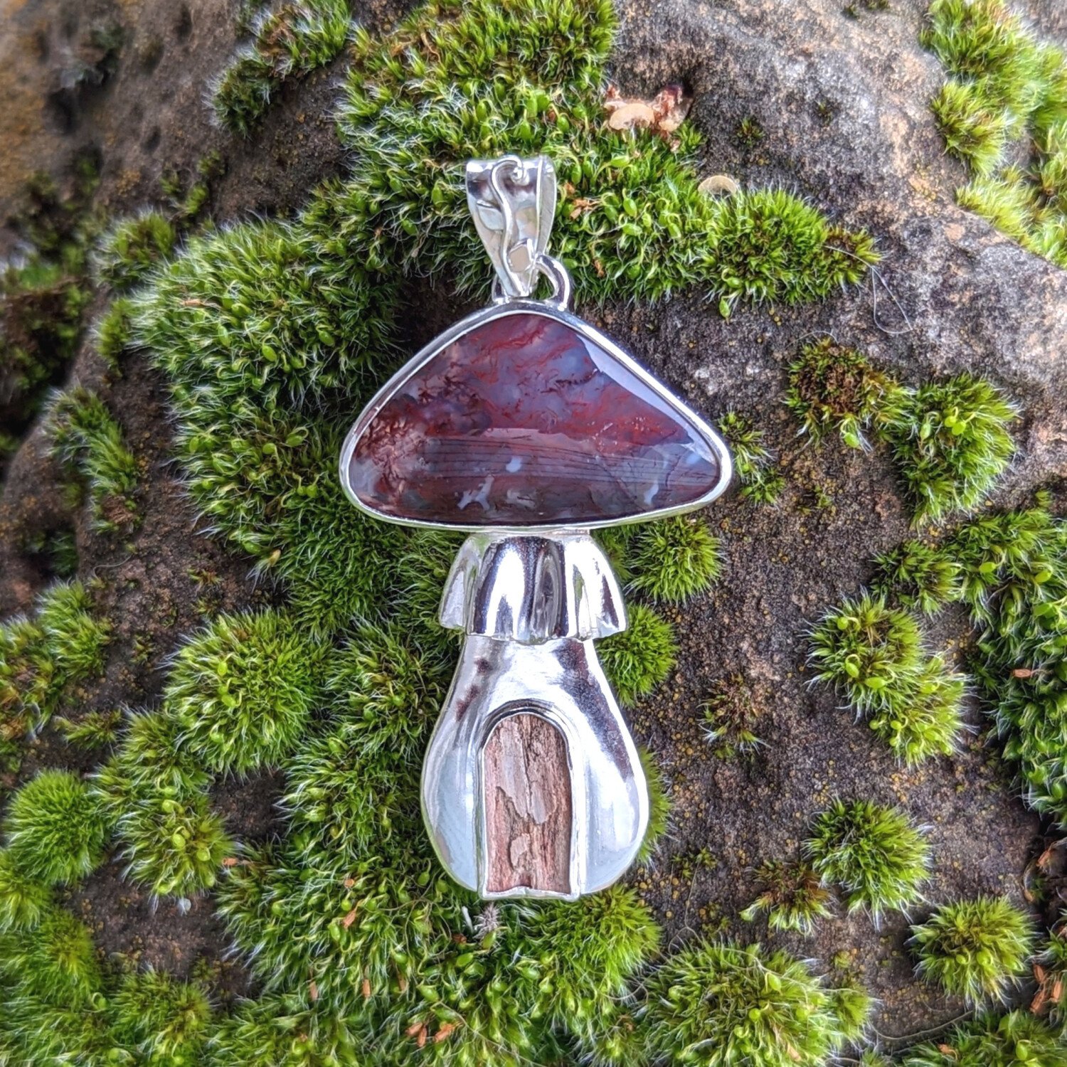 Moss Agate Mushroom with Petrified Wood Door