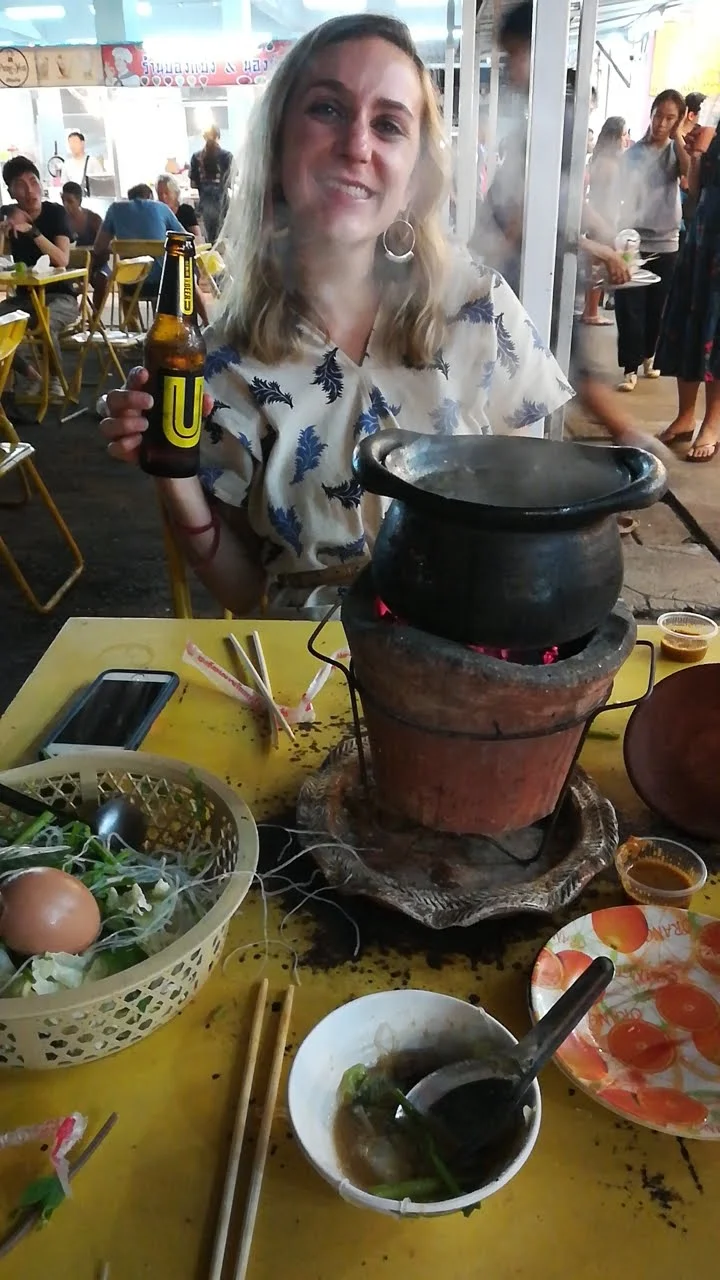 Enjoying a beer with our hot pot dinner!