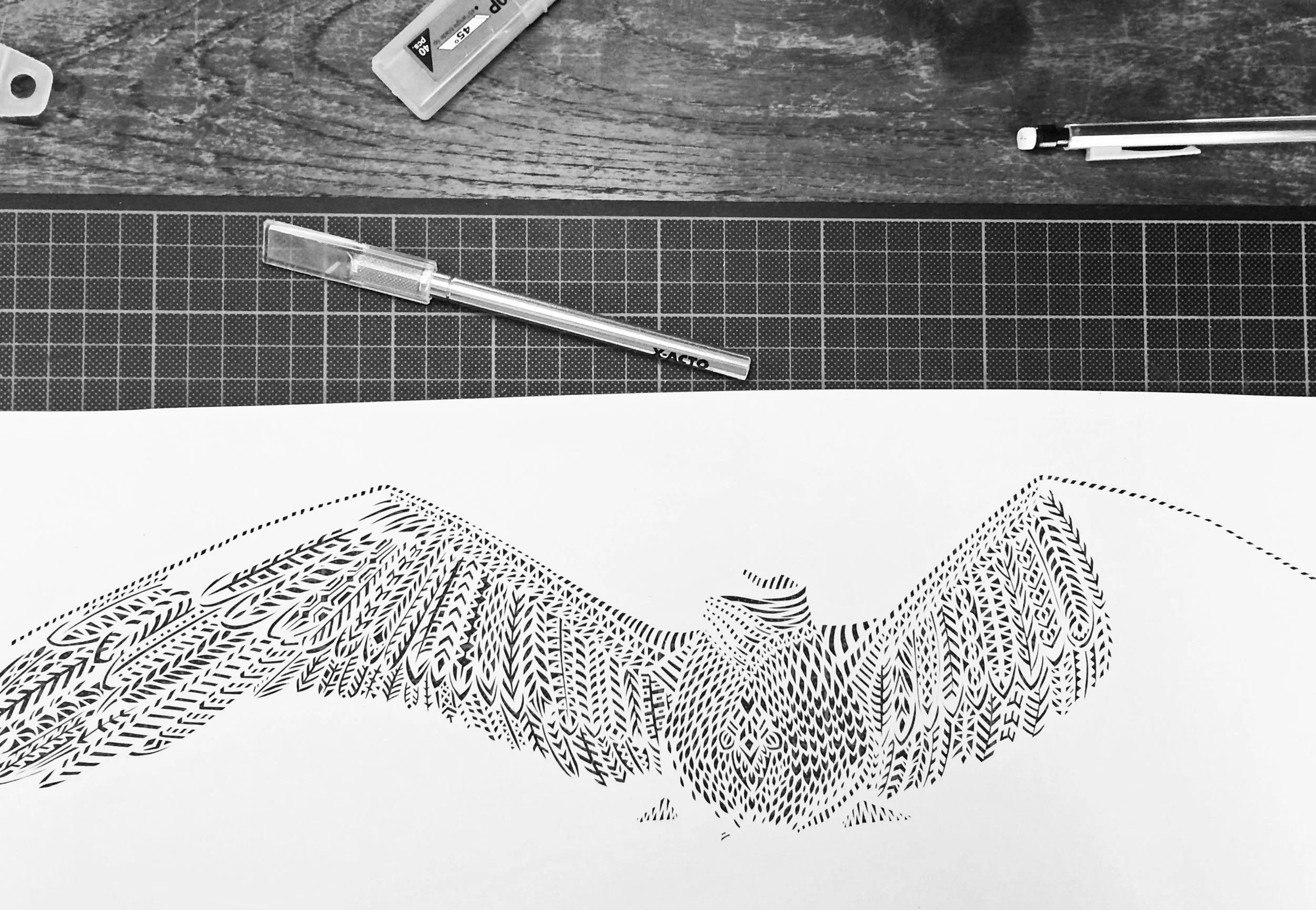 A work in progress shot of Thysart's seagull cutout paperartwork