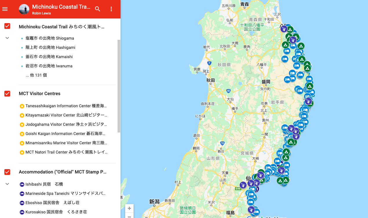 Michinoku Coastal Trail map showing the route and useful stops along the Tohoku coast