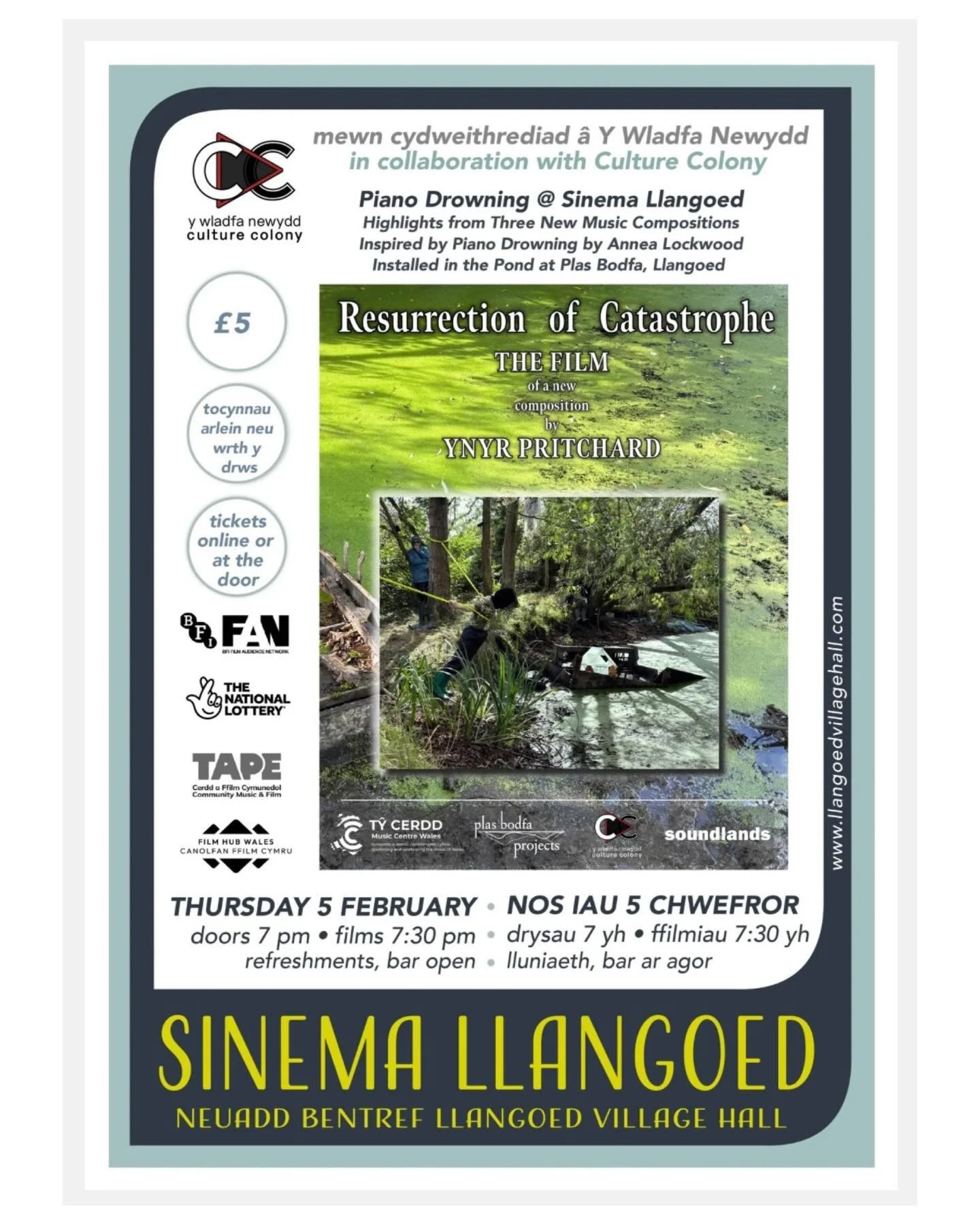 A cinematic celebration of new music in North Wales. Highlights from three new music compositions inspired by Piano Drowning by Annea Lockwood, permanently installed in the pond at Plas Bodfa, Llangoed.

Thursday 5 February, 2026
doors 7:00pm, film 7