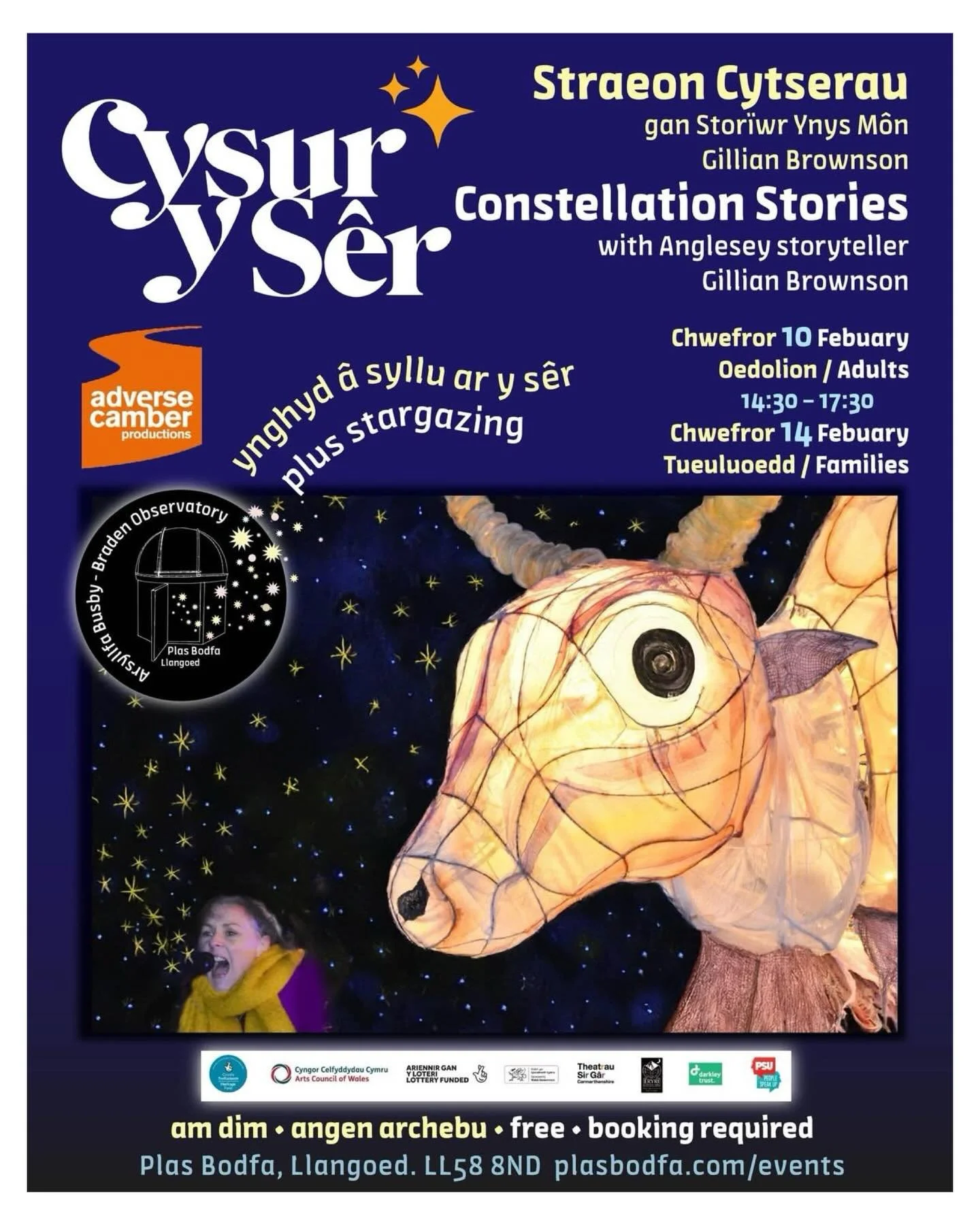 Cysur y S&ecirc;r ✨ Constellation Stories ✨Join Anglesey storyteller &amp; performer, @gillythompson_brownson at the &lsquo;Busby Braden Observatory&rsquo; at @plasbodfa, for an afternoon of constellation stories before an early evening gaze up at th