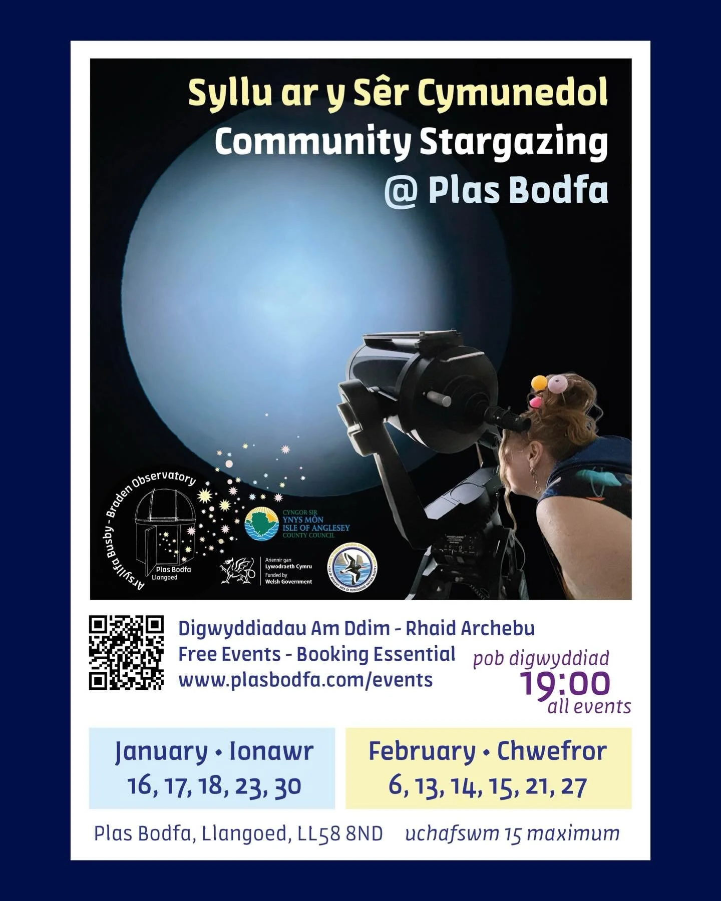 Relaxed evenings of community stargazing at the Arsyllfa Busby &ndash; Braden Observatory at Plas Bodfa. 
We are hosting guided sessions where you can look at some amazing objects in the night sky using the observatory&rsquo;s telescopes and binocula
