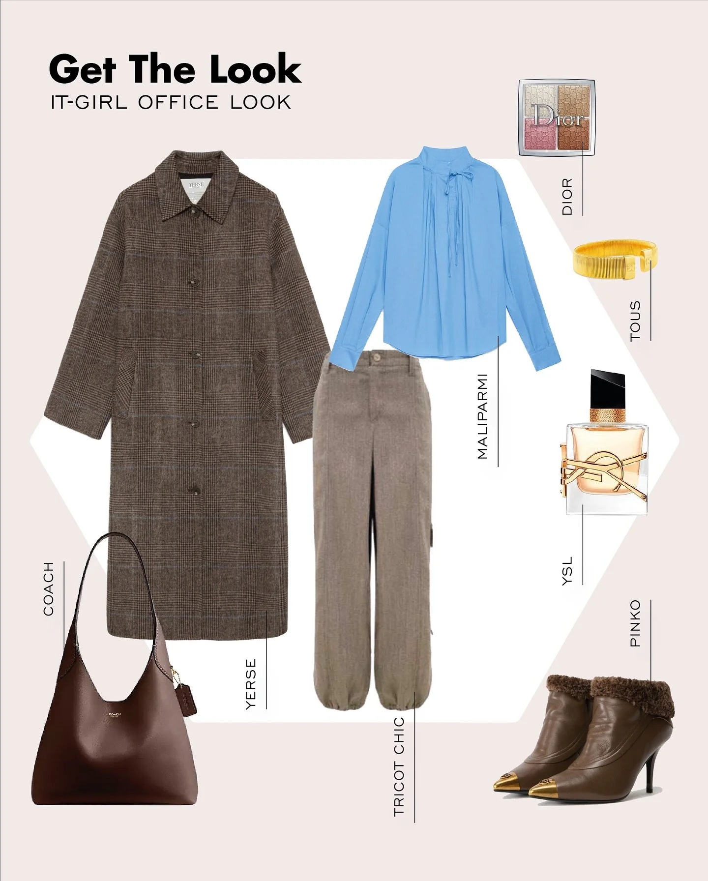 Get the &ldquo;It-Girl&rdquo; Office Look&nbsp; Tartan patterns are everywhere this season, and we&rsquo;re obsessed with this subtle pattern on the Yerse coat. The combination of taupe and blue is one of our faves.
Don&rsquo;t forget to shine with a