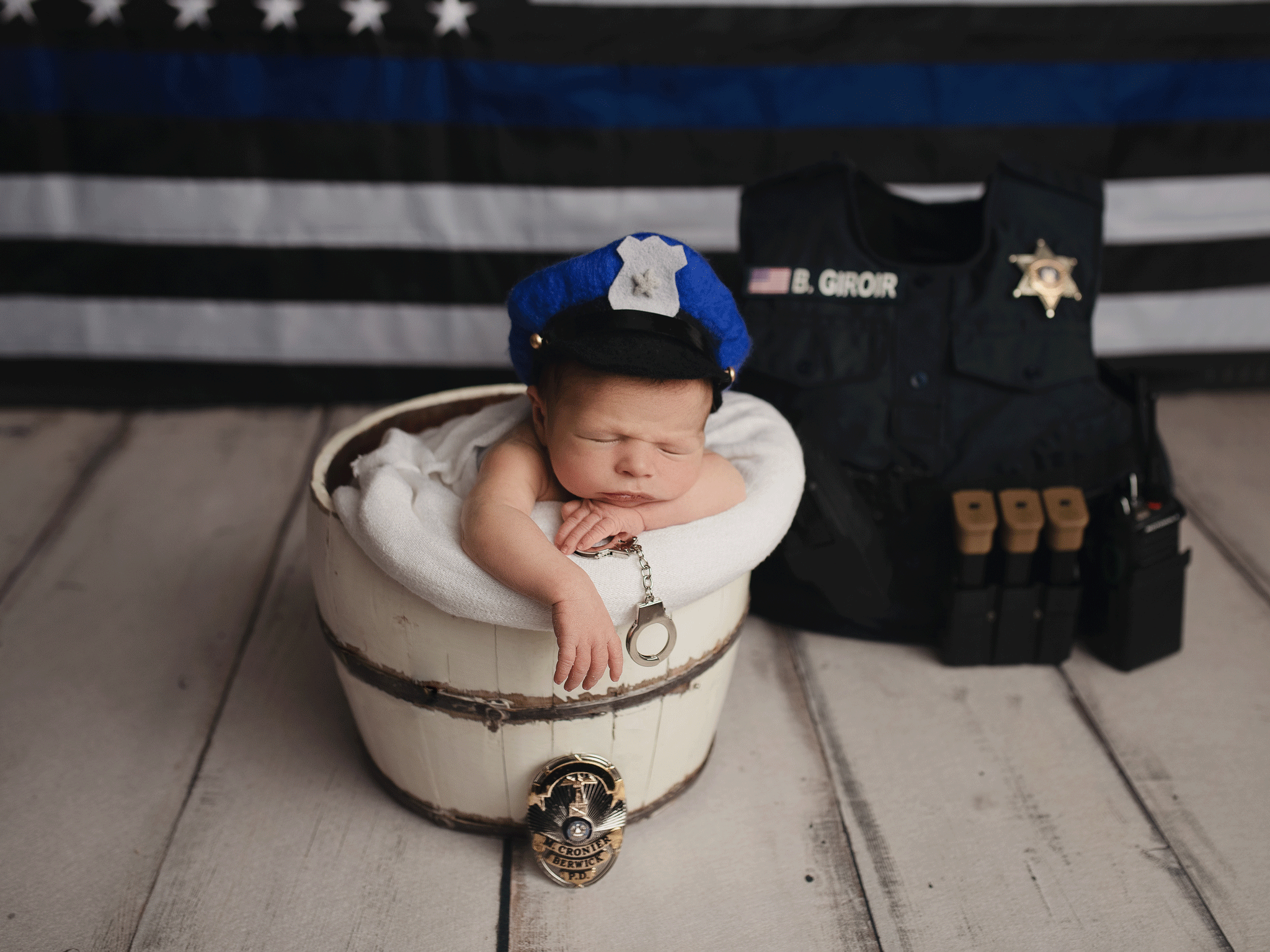 newborn boy police photo prop set up