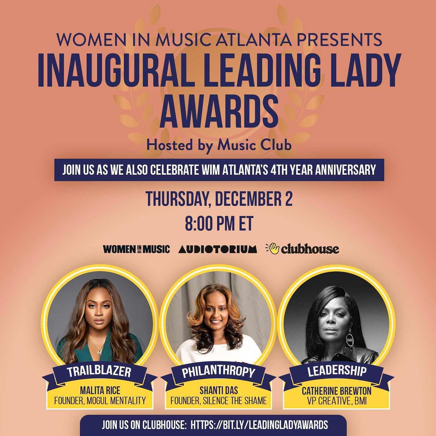 Tonight, we are celebrating WIM Atlanta's 4th Anniversary on @clubhouse in Music Club hosted by @audiotoriumlive by kicking off our inaugural Leading Lady Awards. 🎼
.
We are honored for Music Club to be hosting this with as we recognize three women 