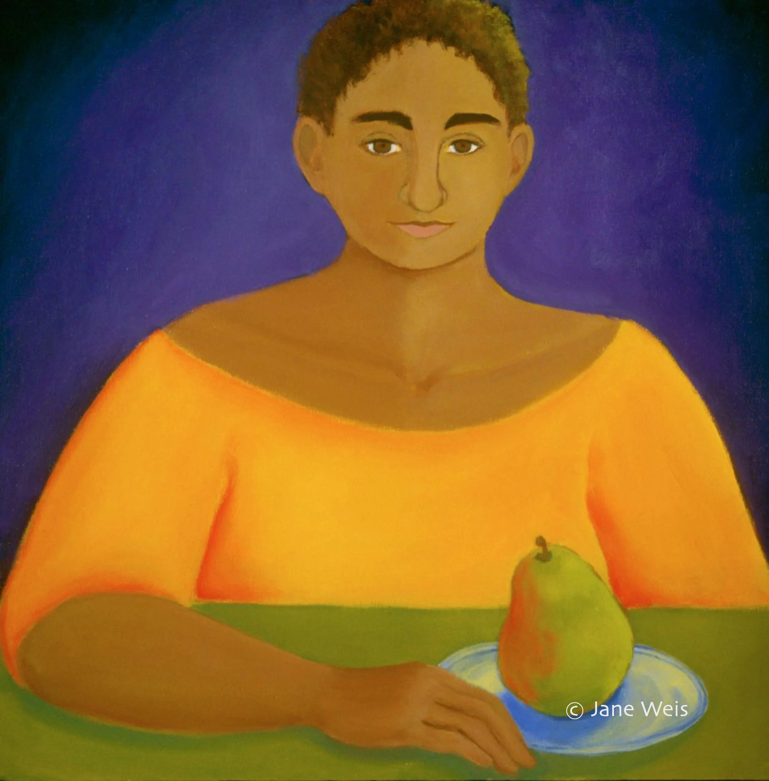 WOMAN WITH PEAR (oil) 25”x25” Original Available