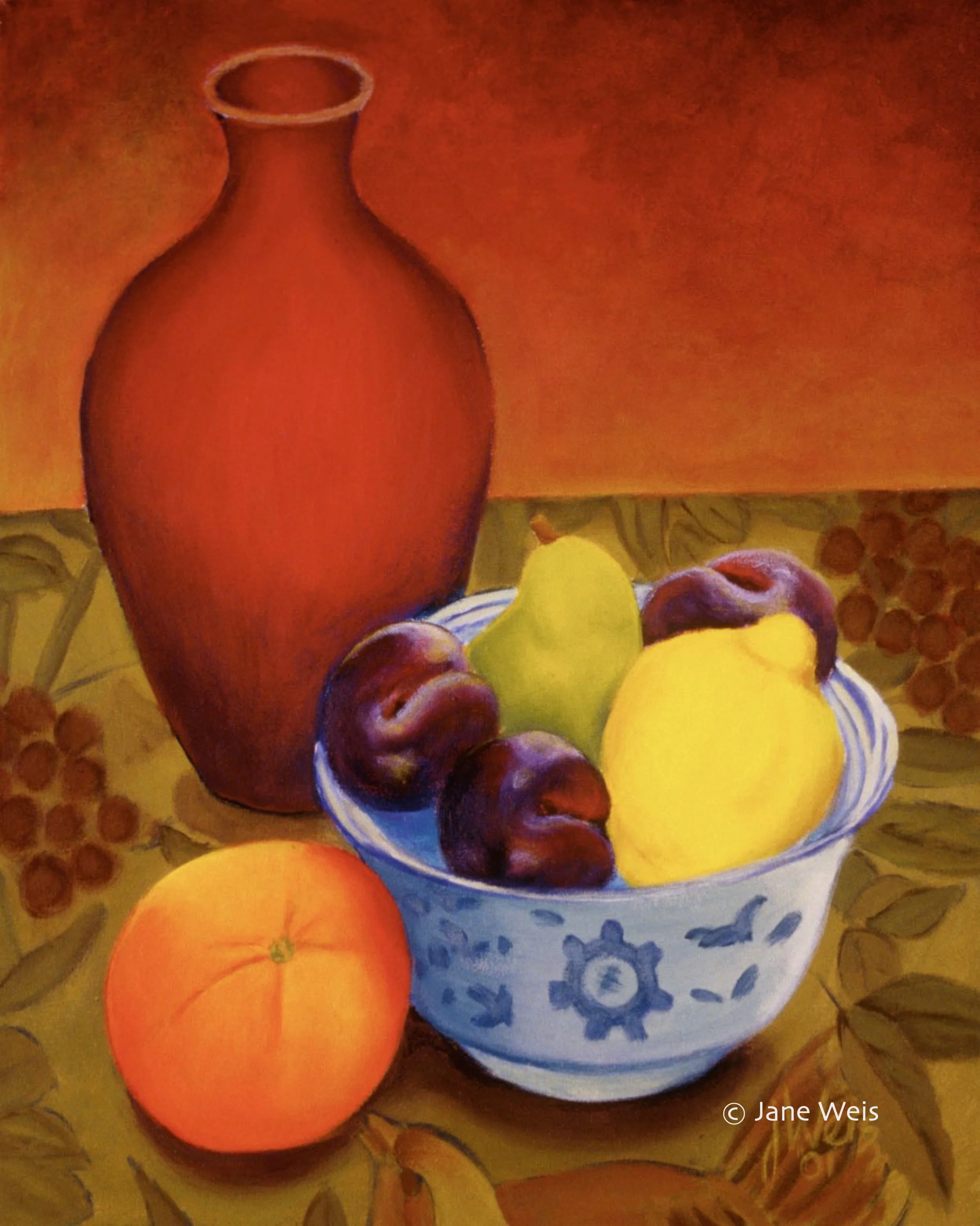RED VASE WITH FRUIT