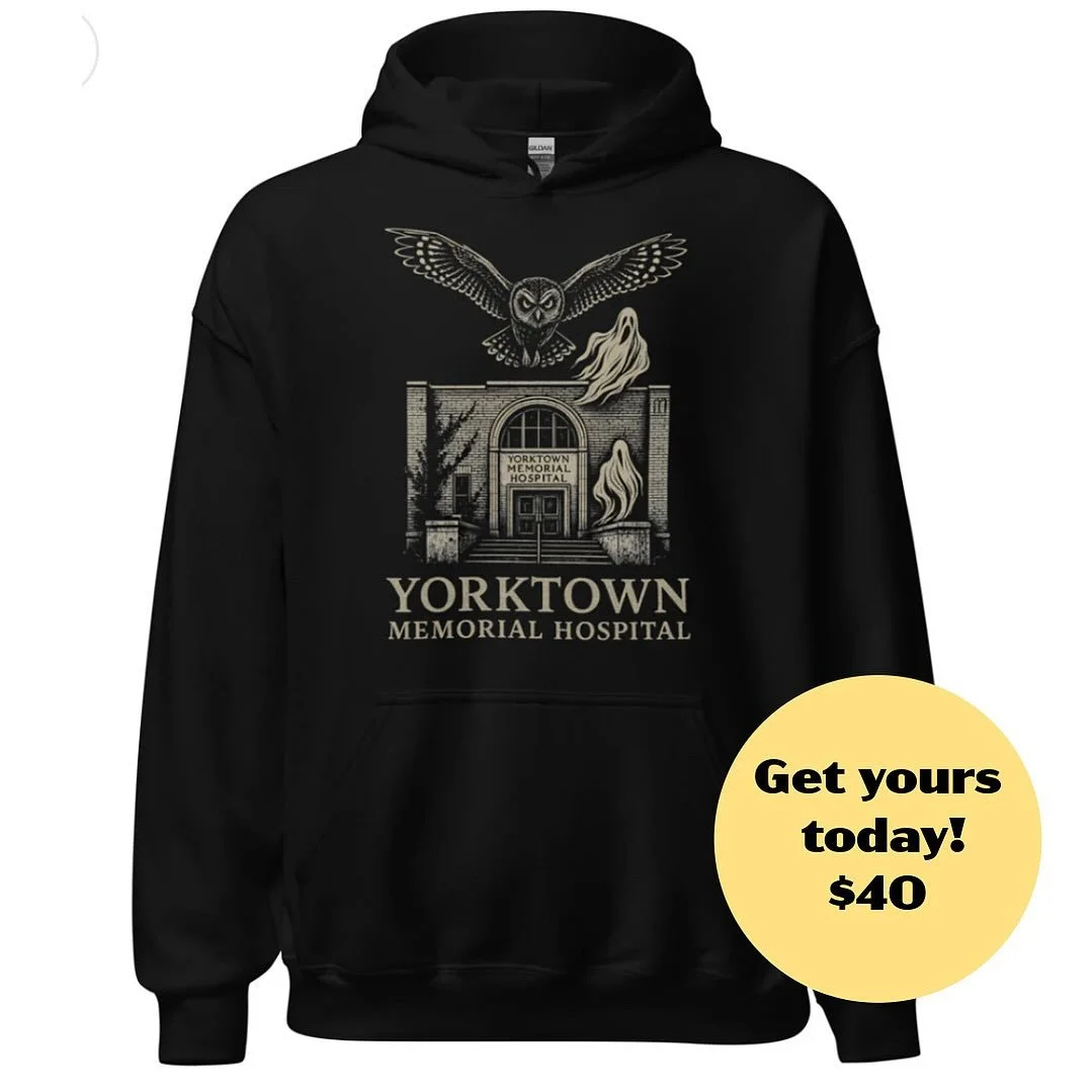 Inspired by the legends that linger in Yorktown&rsquo;s halls, this hoodie is more than just apparel. It&rsquo;s history you can wear.
Featuring a haunting illustration of Yorktown Memorial Hospital, a silent owl in flight, and two ghostly figures, t