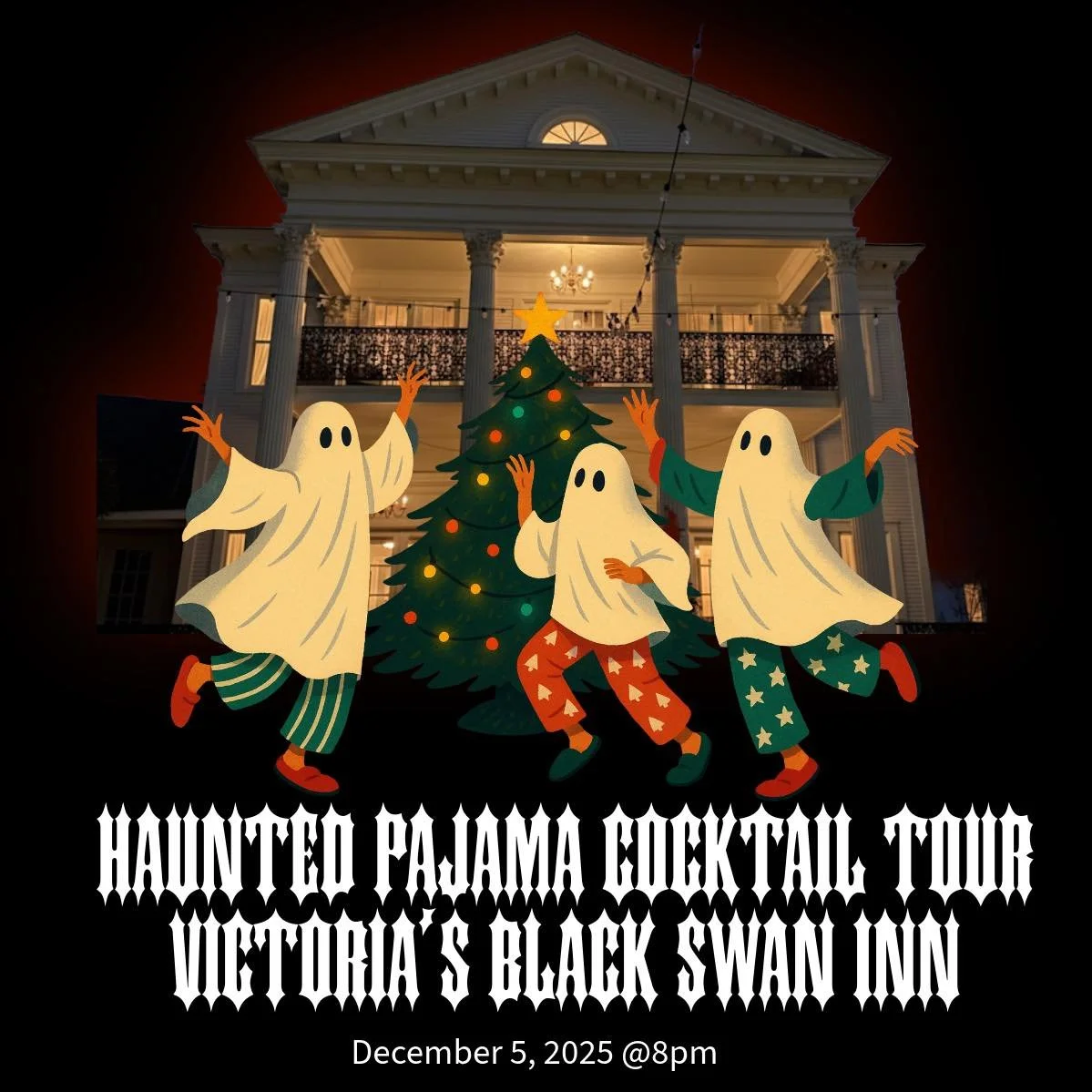 Join us for a special Holiday edition of our Haunted Cocktail Tour at Victoria's Black Swan Inn in San Antonio, TX! Guests will receive 3 specialty Holiday Cocktails and are encouraged to dress in holiday pajamas for this event. 

Guests will explore