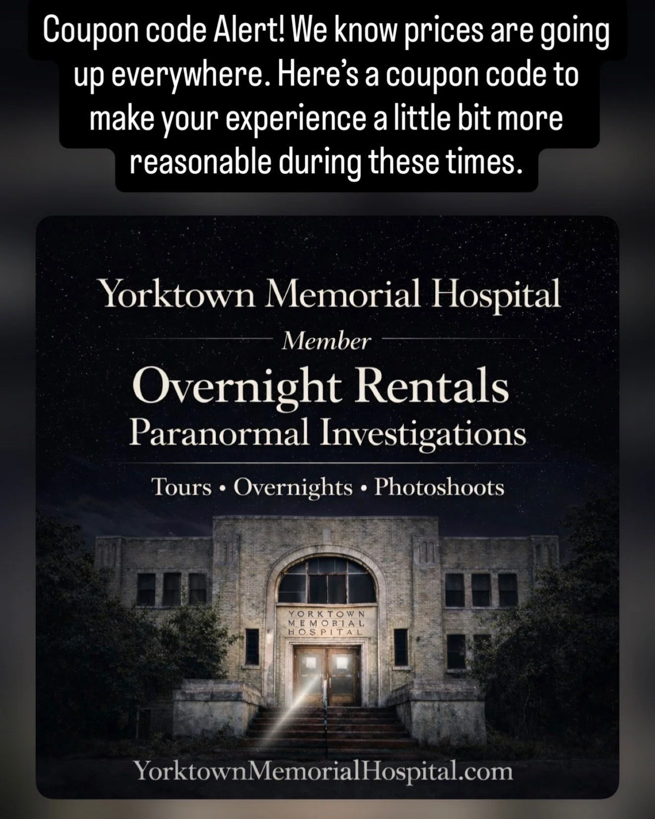COUPON CODE ALERT: Use code YT150OFF for $150 off any private overnight rental!

We know gas prices are up right now, and with many driving out to visit the hospital, we are providing a $150 coupon code for Private Overnight Rentals of Yorktown Memor
