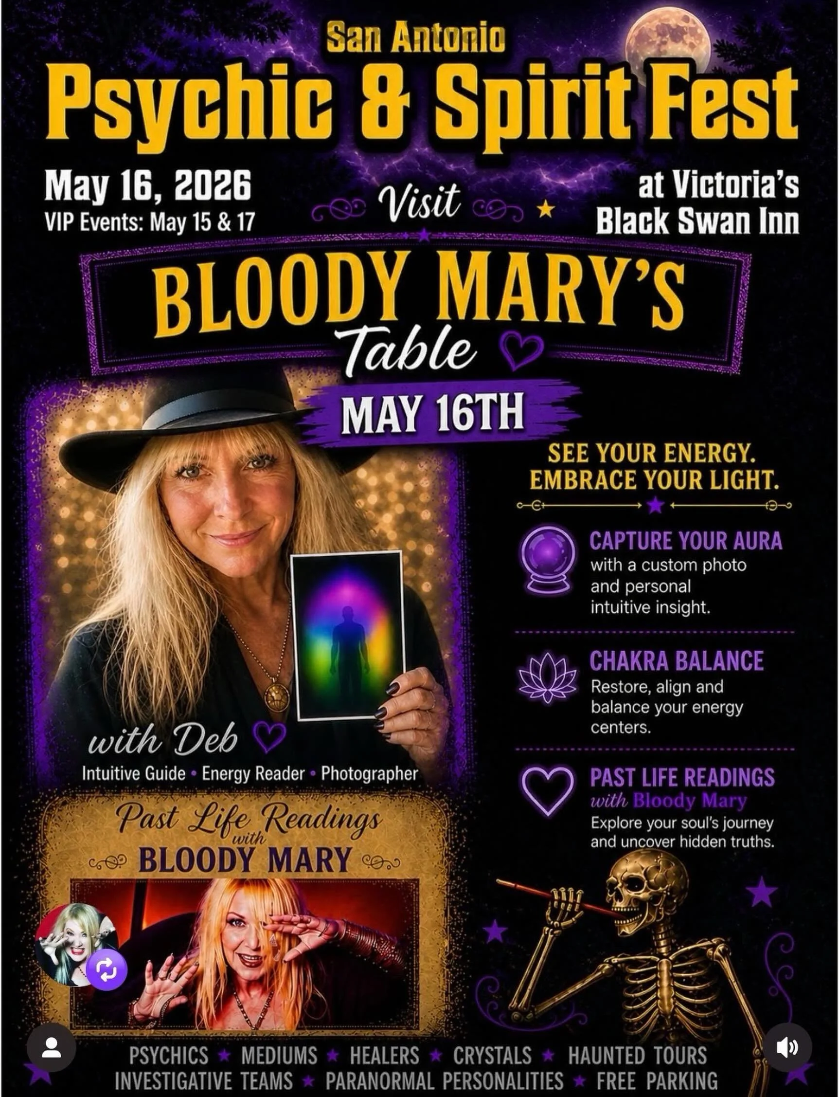 The legendary Bloody Mary (@bloodymarynola) is coming back to Texas for the San Antonio Psychic &amp; Spirit Fest at Victoria&rsquo;s Black Swan Inn on May 16, 2026!

Not only will she be a guest speaker on the main stage, Bloody Mary will be hosting