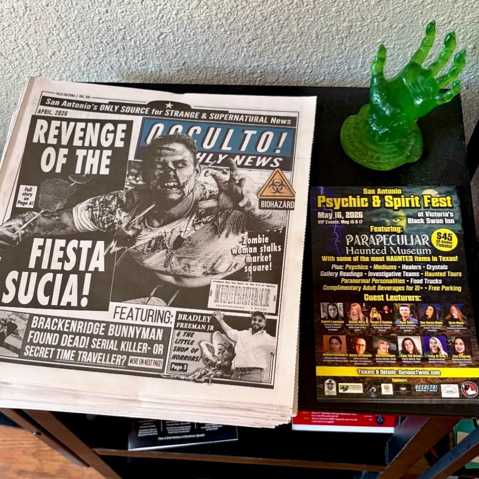 🔥😱 Check out one of our Psychic &amp; Spirit Fest flyers at San Antonio&rsquo;s @ghoulishpub next to our friends and event sponsors, @vela.cult.satx, makers of OCCULTO! Monthly News!

Be sure to check out the new May issue, where you can catch a sn