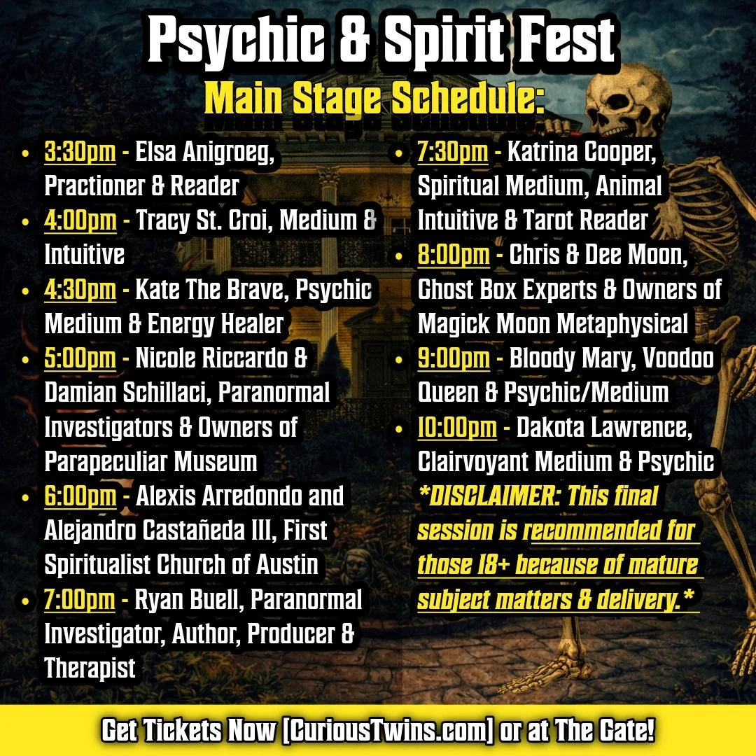 THIS SATURDAY - Join us at Psychic &amp; Spirit Fest for a full day of live audience gallery readings, paranormal insights, and deep dives into the unexplained! 🔮🕯️

Check Out Our Main Stage Schedule:
- 3:30pm: @elsaanigroeg &mdash; "Nerdy Tar