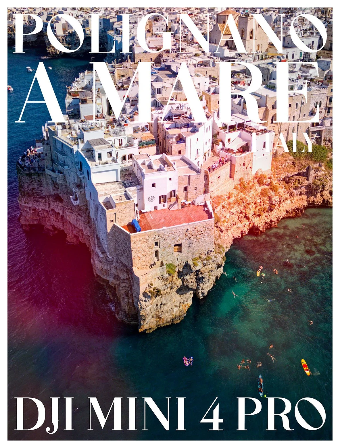Aerial view of a cliffside village in Italia with white buildings, a waterfront, and people swimming and paddleboarding in the ocean nearby, overlaid with text promoting the DJI Mini 4 Pro camera.
