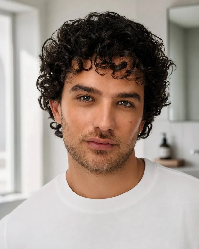 Close-up of a young man with dark, curly hair and light skin, wearing a white t-shirt, in a bright bathroom with mirrors and countertop in the background.