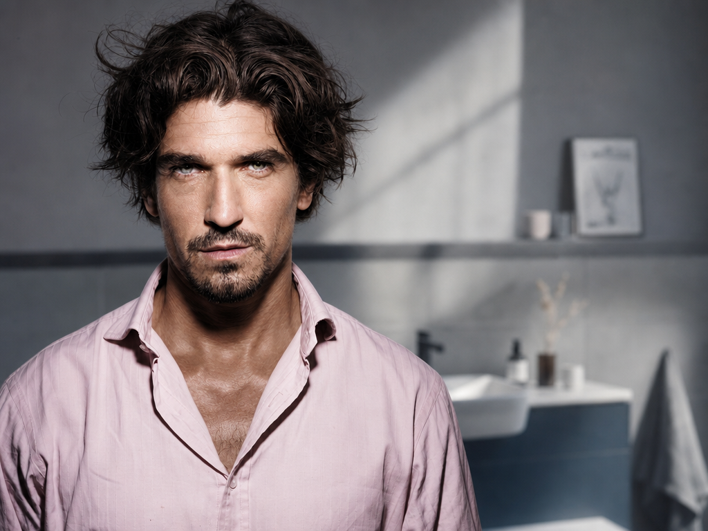 A man with messy brown hair and light facial hair wearing a pink shirt looking directly at the camera in a modern bathroom.