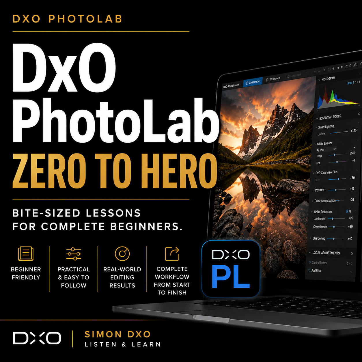 A promotional image for DXO Photolab features a laptop displaying a landscape photo of mountains, a lake, and a sunset, with editing tools on the side. The text highlights the software's beginner-friendly, real-world editing, workflow from start to f