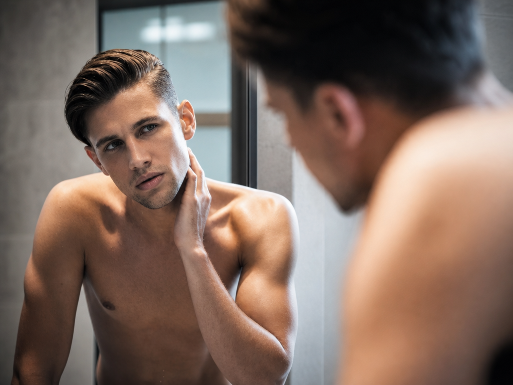 A young man with styled hair looking at himself in the mirror, touching his face, in a modern bathroom.