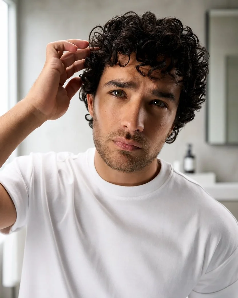 A young man with curly dark hair and a light beard adjusting his hair in a bathroom mirror, wearing a white t-shirt.