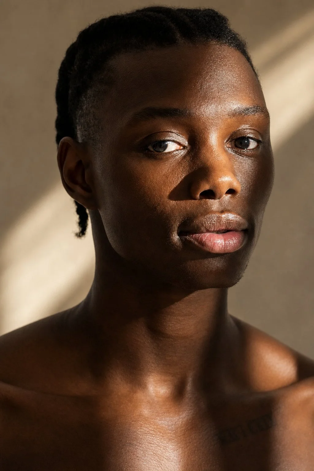 Close-up portrait of a young Black woman with short, textured hair and natural skin, looking into the camera with a neutral expression.