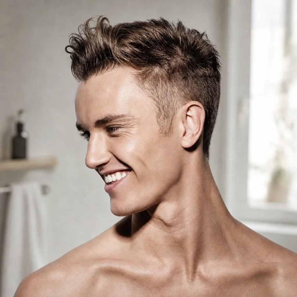 Smiling young man with short, styled hair looking to his left in a bright room