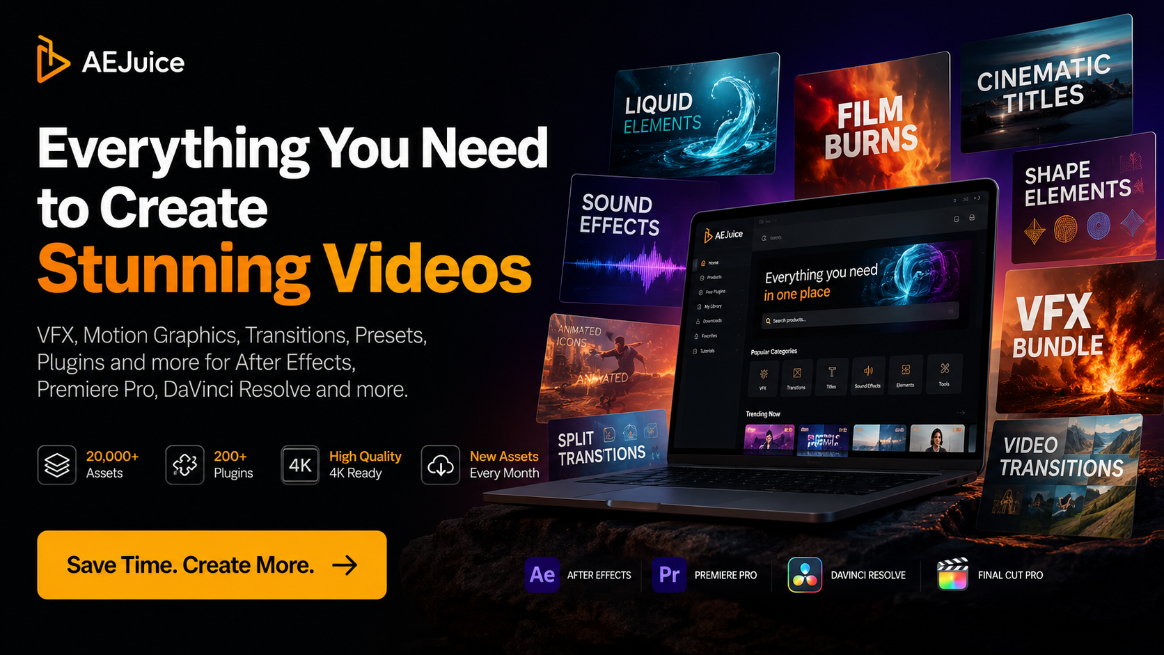 AEJuice review and discount code for motion graphics, VFX, transitions and video editing assets