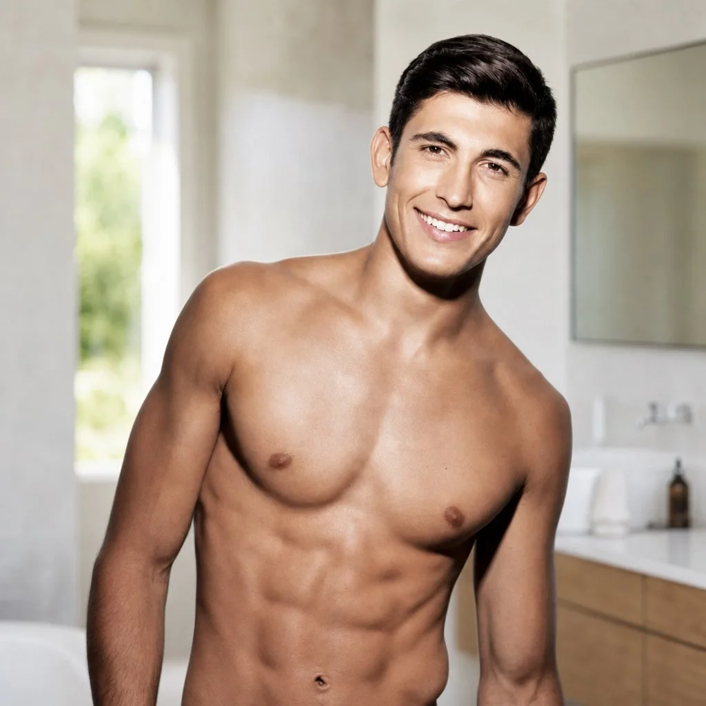 A shirtless young man with dark hair and a smile, standing in a bright room near a window and a mirror.