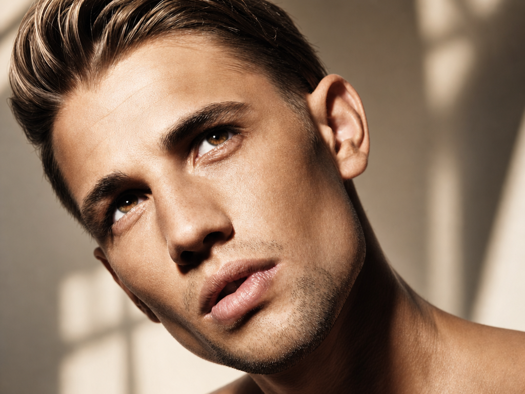 Close-up of a young man with styled hair and light stubble, looking slightly upward with a neutral expression, indoors.