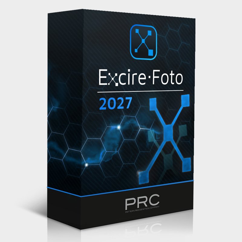 Software package box for Excire-Foto 2027 by PRC, featuring a futuristic hexagonal pattern and a stylized blue 'X' logo.