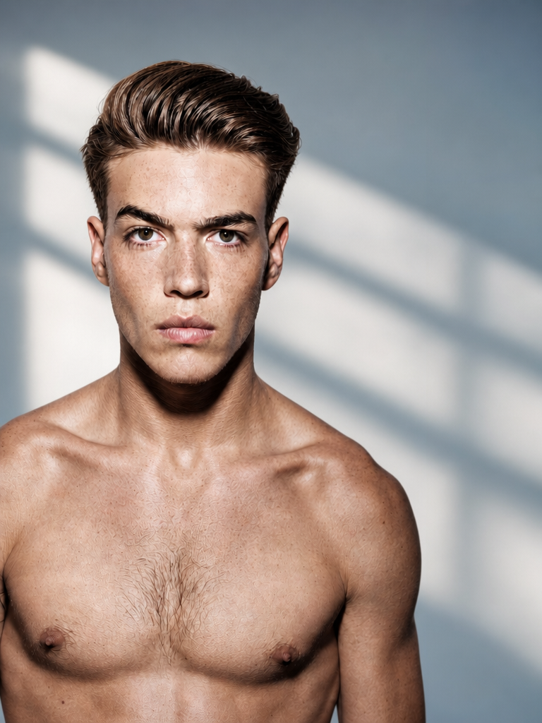 Portrait of a young shirtless man with short brown hair and light skin, looking directly at the camera, with shadows on a blue background.