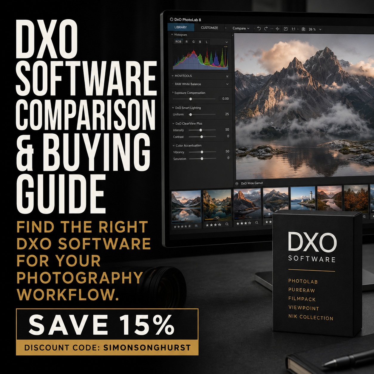 An advertisement for DxO Software's comparison and buying guide, listing features of various photography software and offering a 15% discount with the code 'SIMONSONGHURST'.