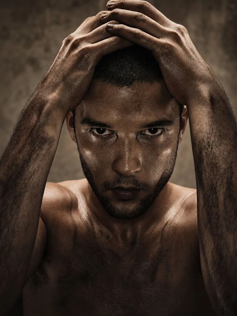 A shirtless man with short dark hair and a beard, hands on his head, looking intensely at the camera, with a sweaty and rugged appearance.