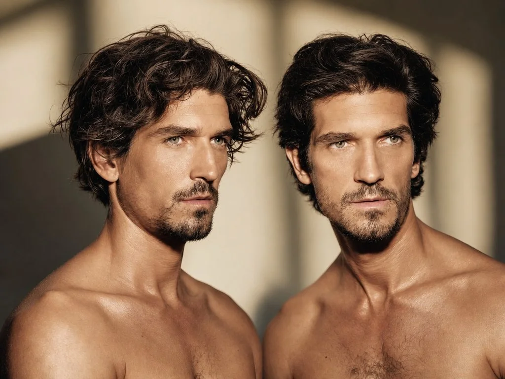 Two shirtless men with dark, curly hair and stubble, standing side by side and looking in opposite directions.