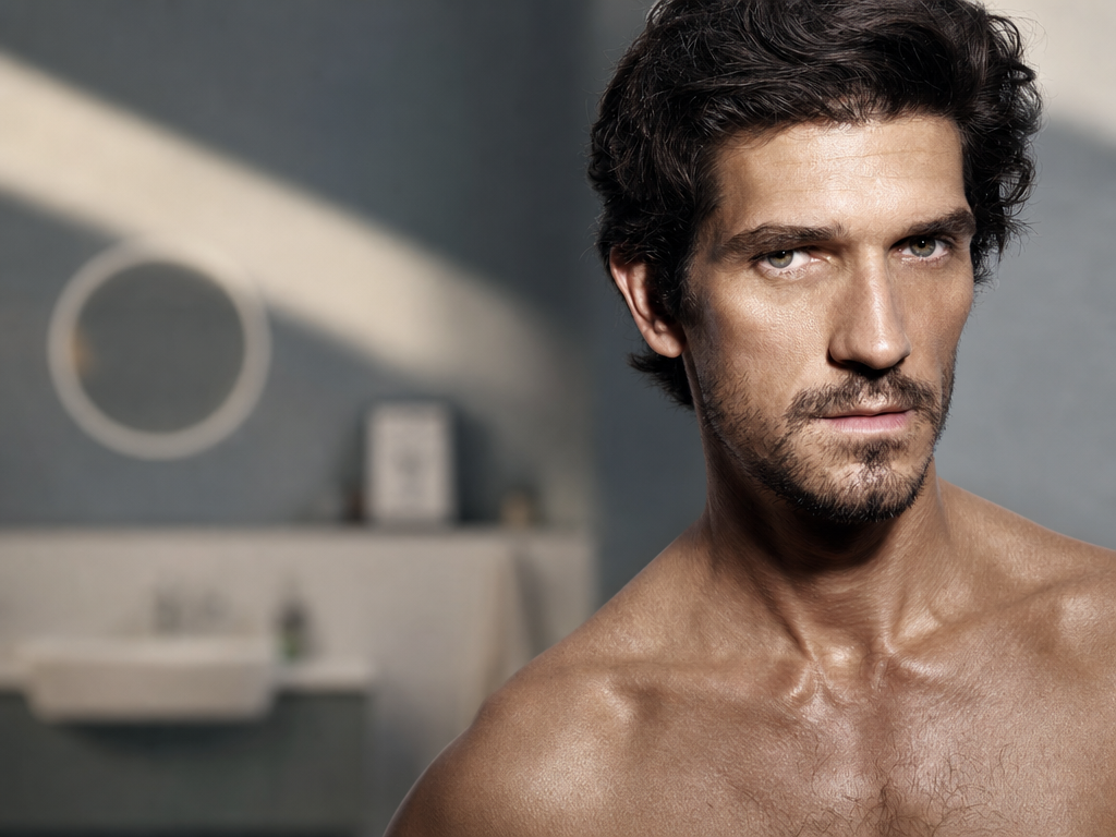 A shirtless young man with dark curly hair and facial hair looking directly at the camera with an intense expression in a bathroom setting.