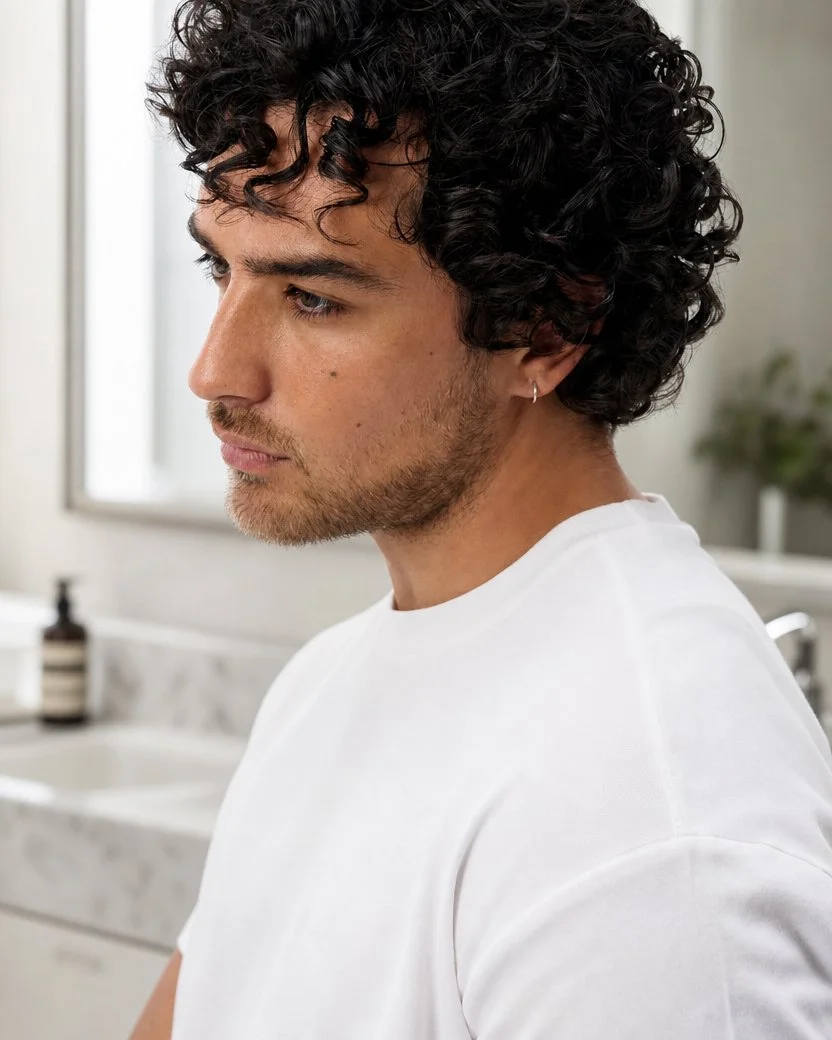 Side profile of a young man with curly dark hair, wearing a white t-shirt, standing in a bathroom with a marble countertop and a small plant in the background.