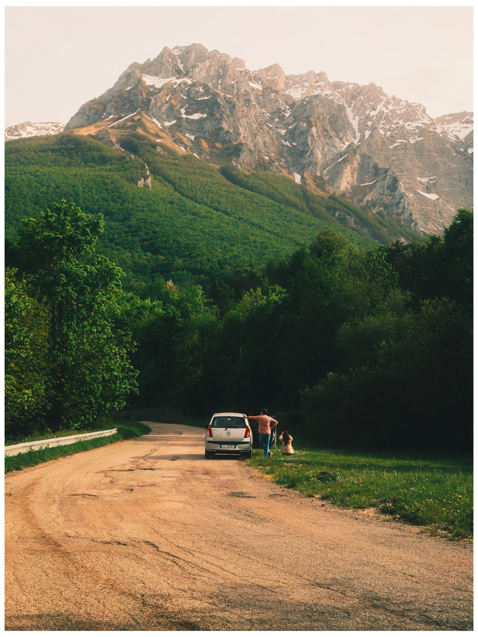 A dirt road in a rural area with a silver car parked and a person standing beside it, looking at a dog. In the background, there are lush green trees and a mountain range with snow patches on the peaks.