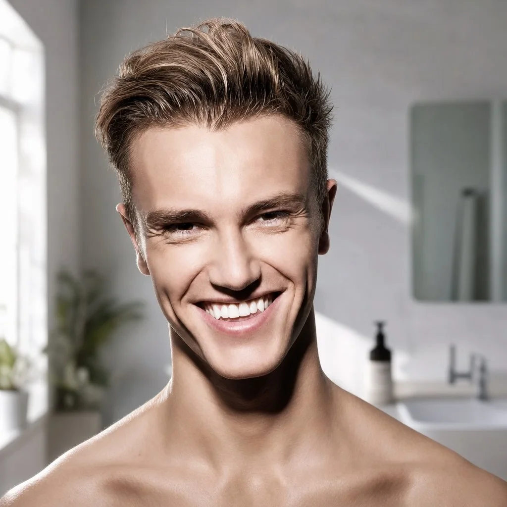 A young man with short, styled brown hair smiling at the camera in a bathroom.