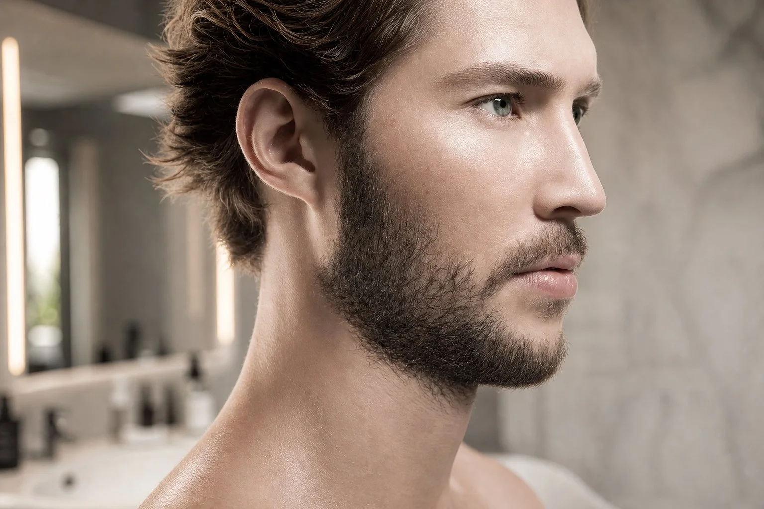 Close-up of a man with groomed beard and styled brown hair, standing in a modern bathroom near a mirror with bottles and skincare products in the background.
