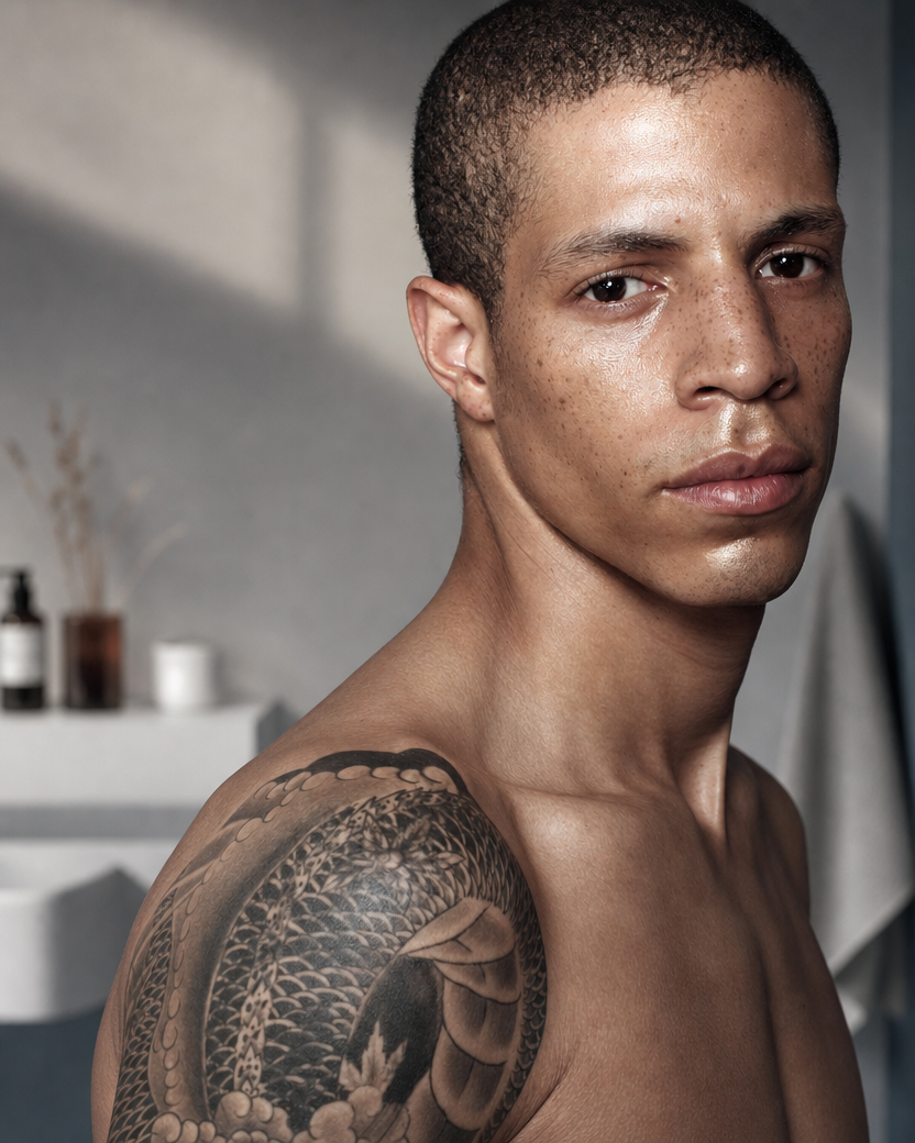 A shirtless man with tattoos on his shoulder, close-up portrait in a well-lit room with a blurred background.