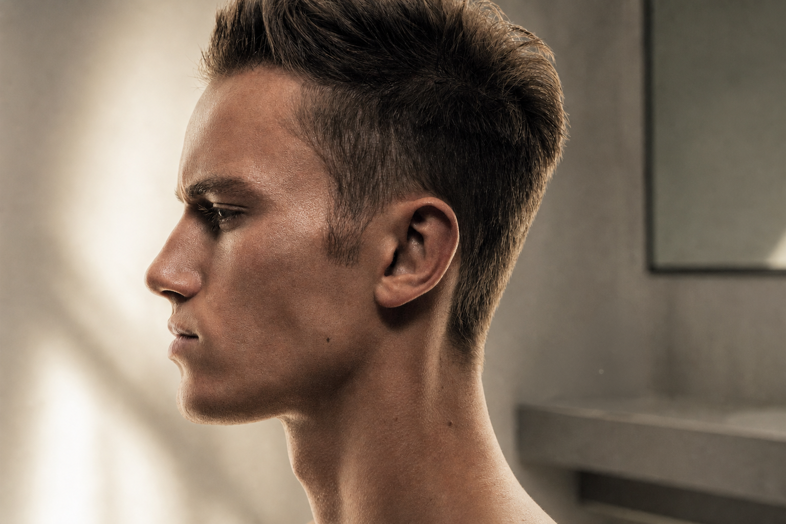 Profile of a young man with short styled hair, facing left, indoors with gray walls and a mirror in the background.