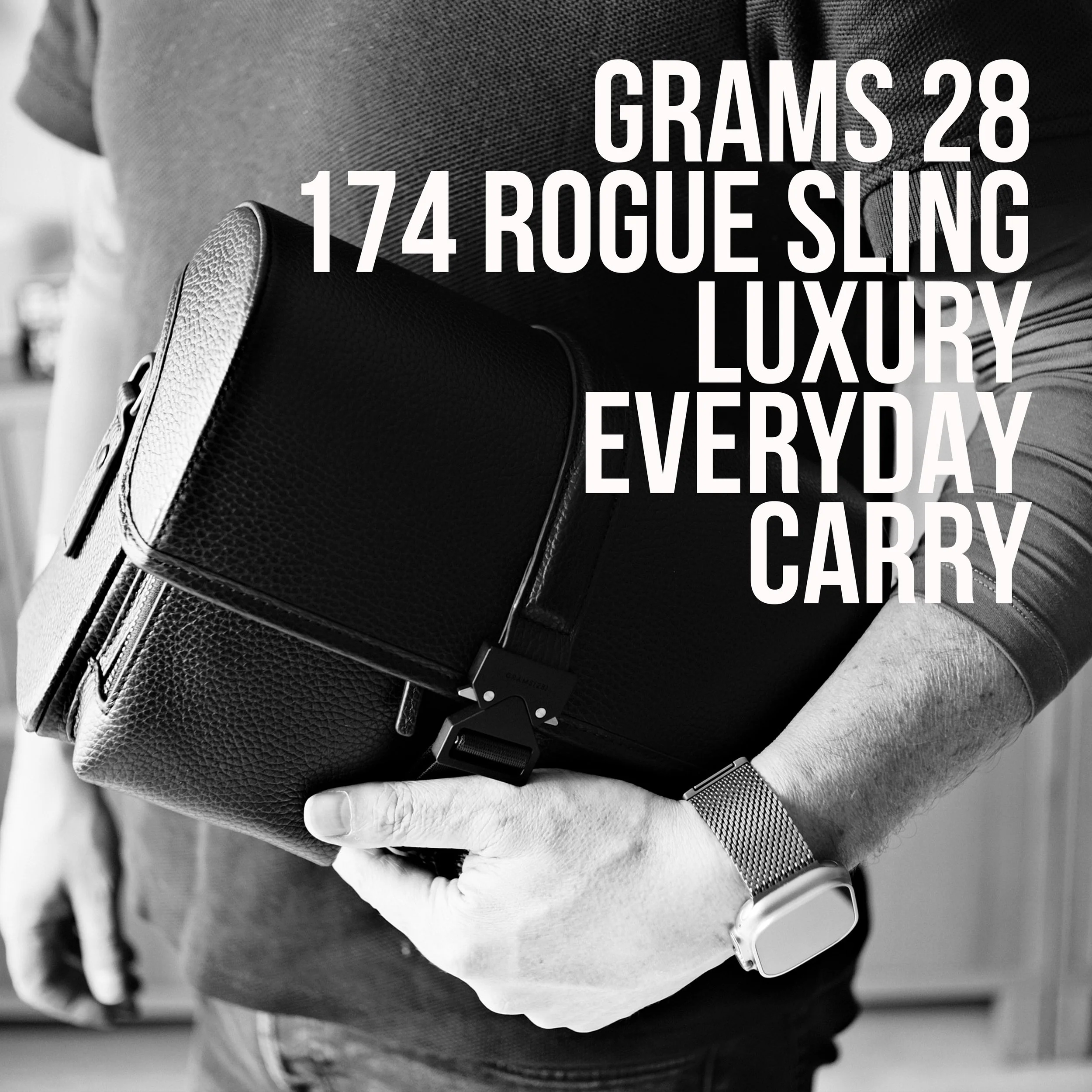 A person holding a black leather handbag with text overlay about its features, including grams, model, and usage for everyday carry.